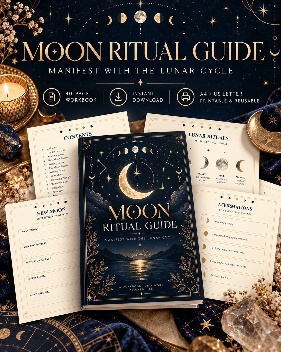 Moon Ritual Guide digital 40-page PDF workbook, illustrated cover mockup in navy and gold