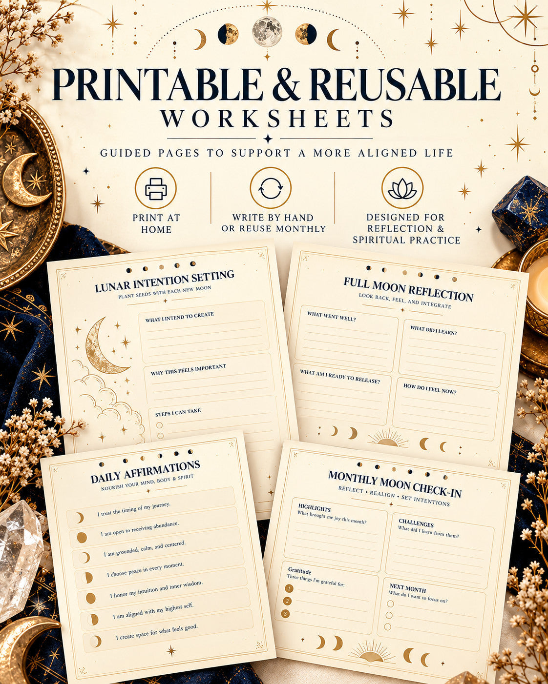 Illustrative reusable lunar intention, reflection, and affirmation pages