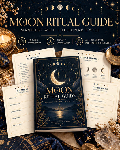 Moon Ritual Guide digital 40-page PDF workbook, illustrated cover mockup in navy and gold