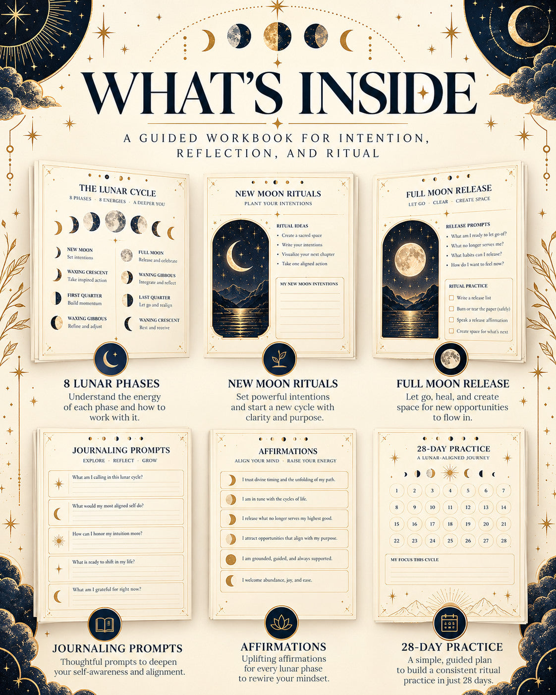 Illustrative overview of Moon Ritual Guide contents: lunar phases, journaling, and 28-day practice