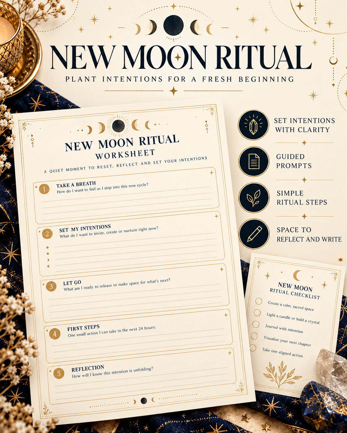 Illustrative New Moon ritual worksheet and intention-setting prompts