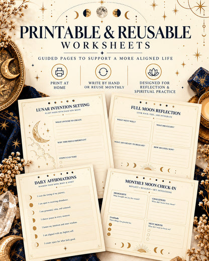 Illustrative reusable lunar intention, reflection, and affirmation pages