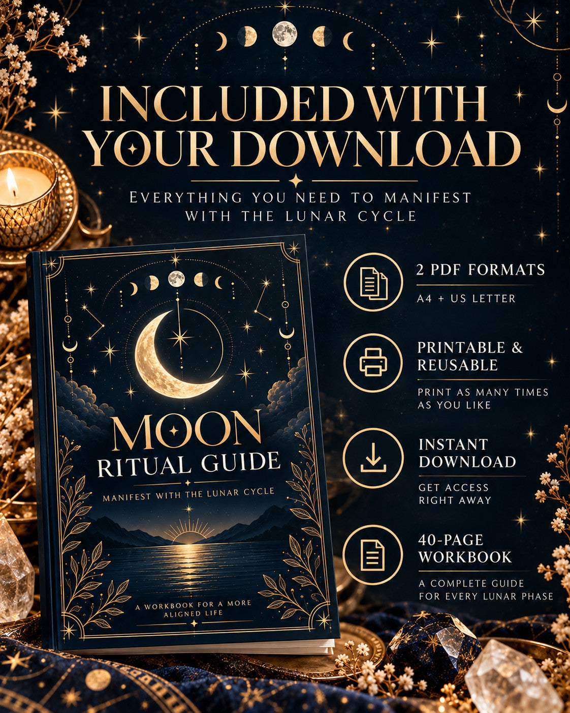 Moon Ritual Guide digital download: A4 and US Letter PDF files, 40 pages each